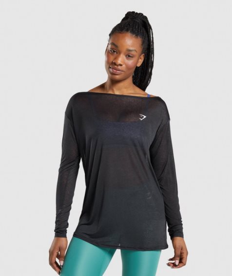Camiseta Gymshark Entrenamiento Oversized Long Sleeve Tee Mujer Negros | MX 638PQS